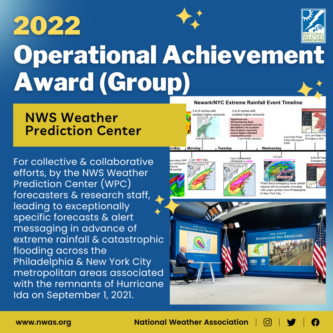 The "Operational Achievement Group Award" is presented to the NOAA NWS Weather Prediction Center for collective and collaborative efforts leading to exceptionally specific forecasts and alert messaging in advance of extreme rainfall and catastrophic flooding associated with the remnants of Hurricane #Ida.