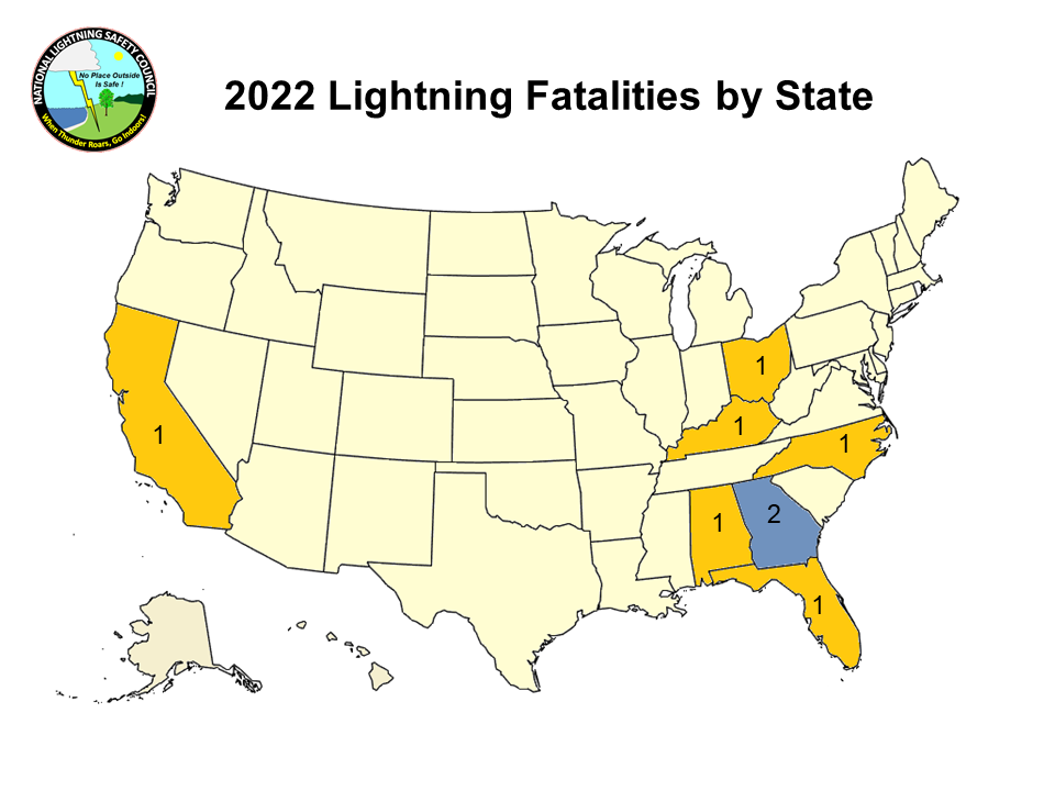 A map showing the lightning fatalities of 2022. 