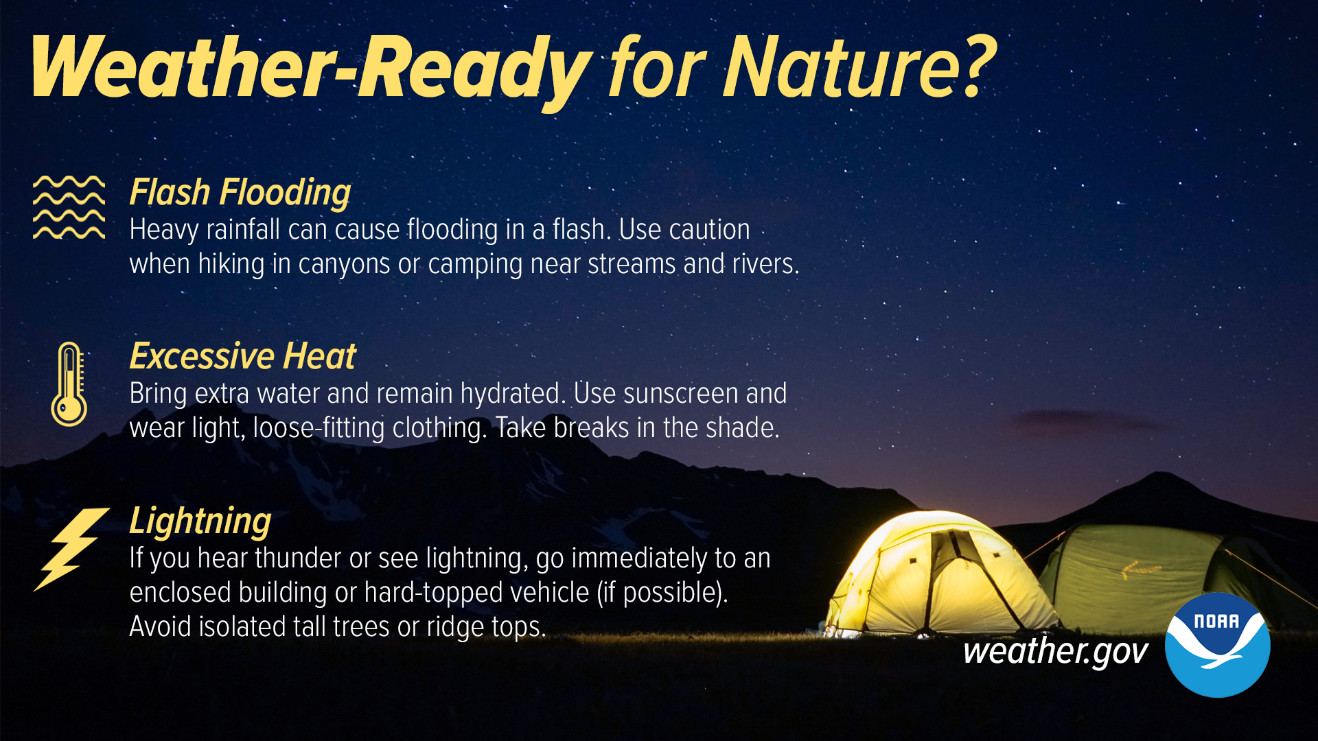 Be prepared for, and know how to react to, weather and water hazards such as flash flooding, excessive heat, and lightning.
