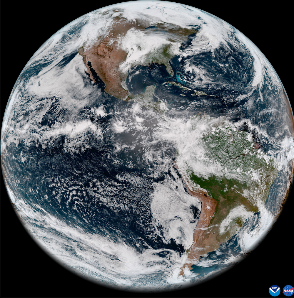 GOES-18 full disk GeoColor image from May 5, 2022. This type of imagery combines data from multiple ABI channels to approximate what the human eye would see from space.