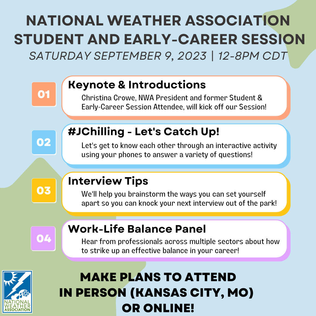 National Weather Association Student and Early-Career Session on Saturday, September 9, 2023, from 12 PM to 8 PM CDT. The session includes a keynote and introductions by Christina Crowe, WA President, interactive activities, interview tips, and a work-life balance panel. Attend in person (Kansas City, MO) or online.