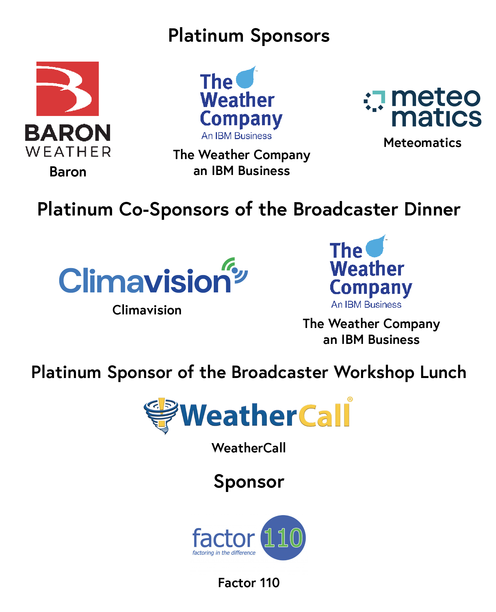 "List of platinum sponsors including Baron, The Weather Company, and Meteomatics, as well as co-sponsors Climavision and WeatherCall, with an additional sponsor, Factor 110."