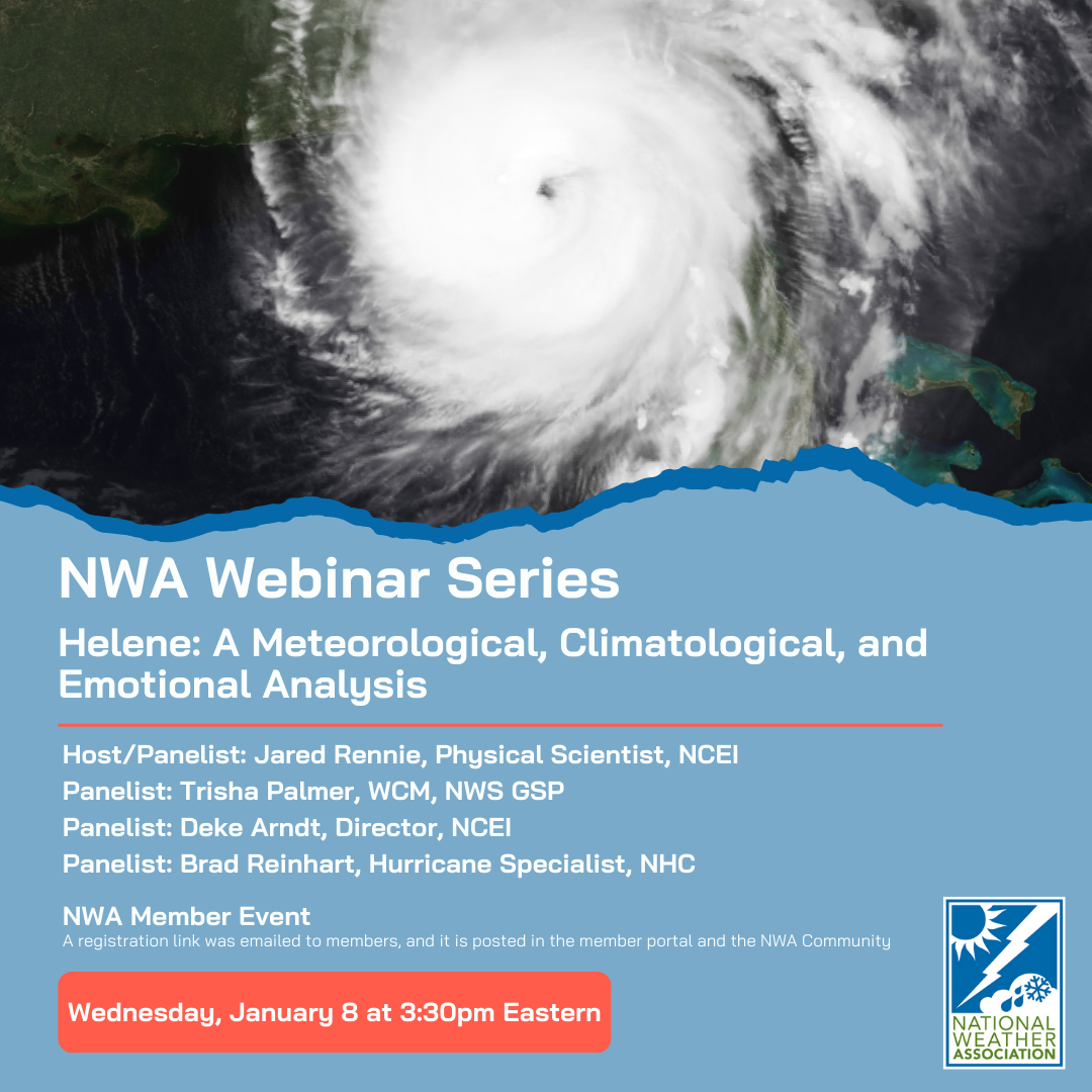 An image of Hurricane Helene announcing the January 8, 2025, NWA Webinar.