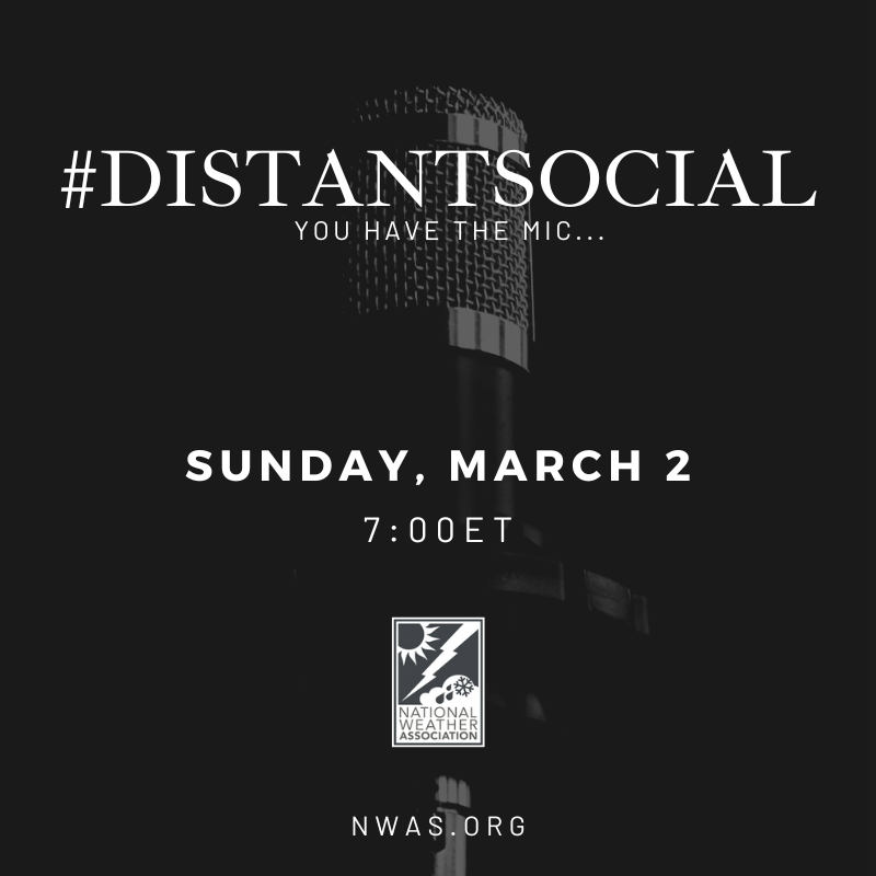 Microphone announcing NWA Distant Social Sunday, March 2, 2025 at 7 pm eastern time.